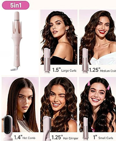 5 in 1 Automatic Curling Iron Set with Interchangeable Ceramic Barrels, Straightening & Volumizing Brush, 3 Temp & Timer, Fast Heating Dual Voltage