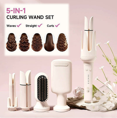 5 in 1 Automatic Curling Iron Set with Interchangeable Ceramic Barrels, Straightening & Volumizing Brush, 3 Temp & Timer, Fast Heating Dual Voltage