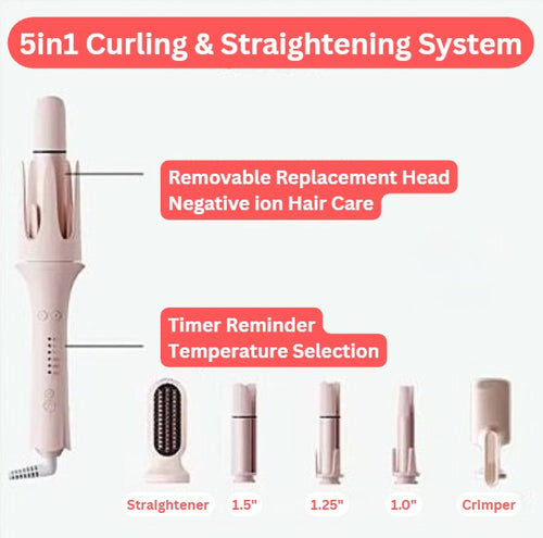 5 in 1 Automatic Curling Iron Set with Interchangeable Ceramic Barrels, Straightening & Volumizing Brush, 3 Temp & Timer, Fast Heating Dual Voltage