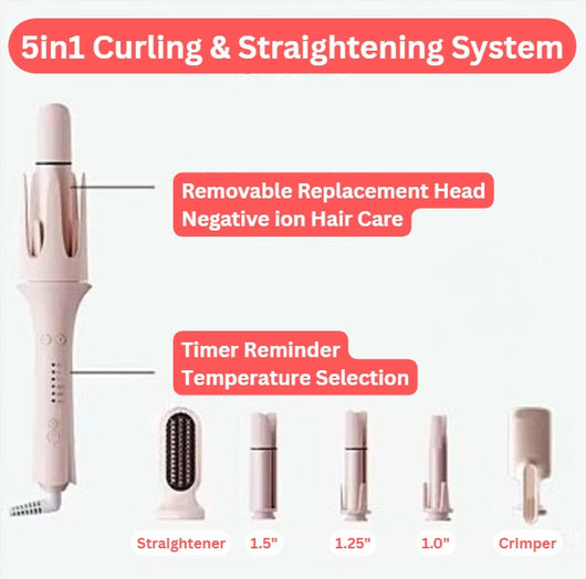 5 in 1 Automatic Curling Iron Set with Interchangeable Ceramic Barrels, Straightening & Volumizing Brush, 3 Temp & Timer, Fast Heating Dual Voltage